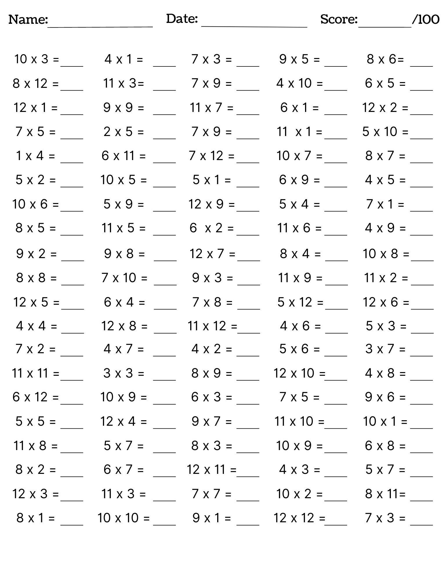 free printable multiplication worksheets 1 12