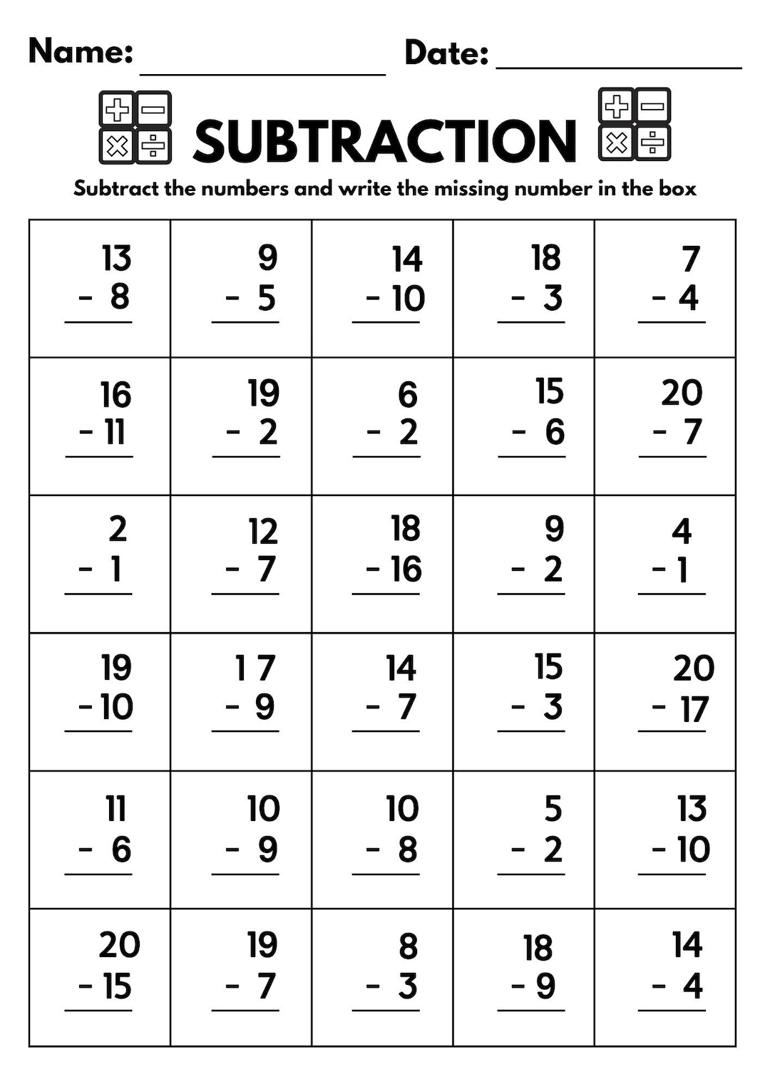free printable subtraction worksheets