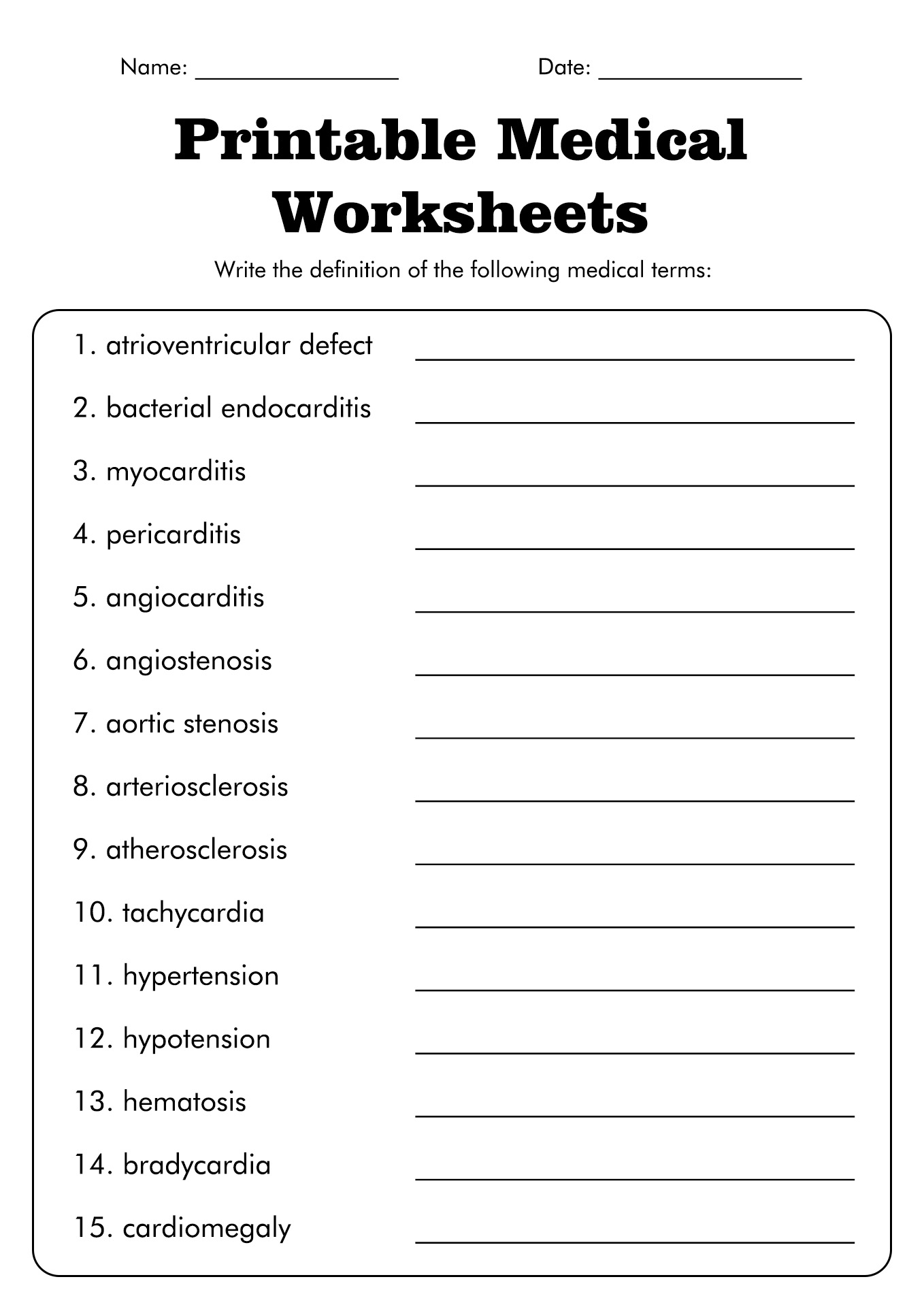 free printable medical terminology worksheets