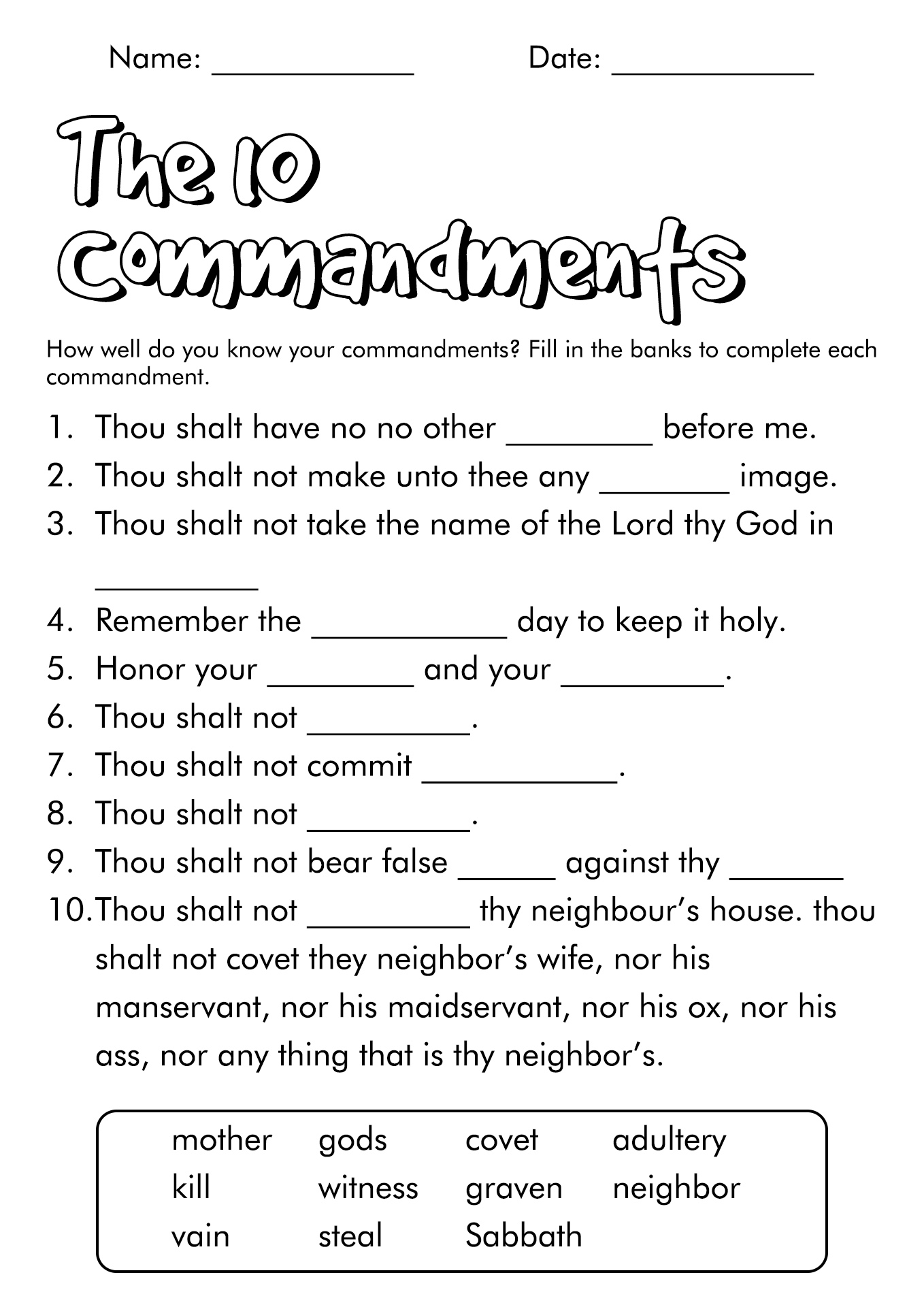 15 Free Printable 10 Commandments Worksheets