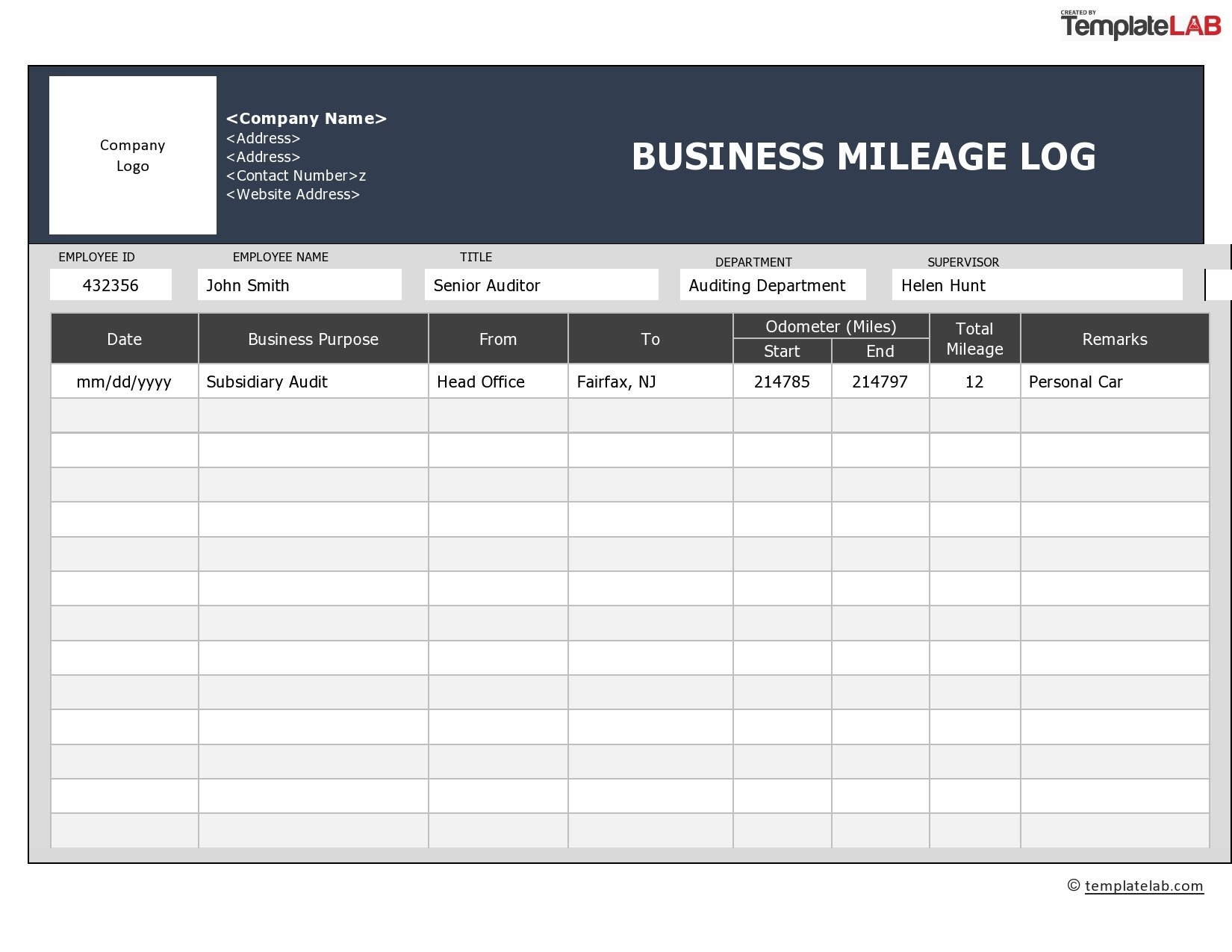 printable mileage log template for self employed