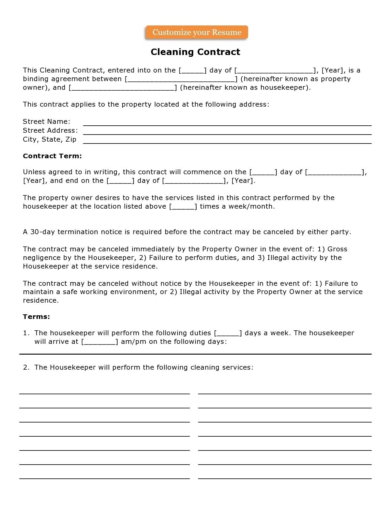 41 Printable Cleaning Contract Templates 100 Free 