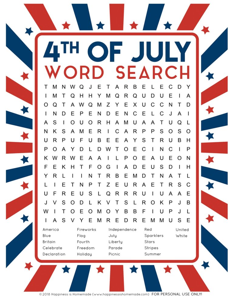 4th Of July Word Search Free Printable Happiness Is Homemade