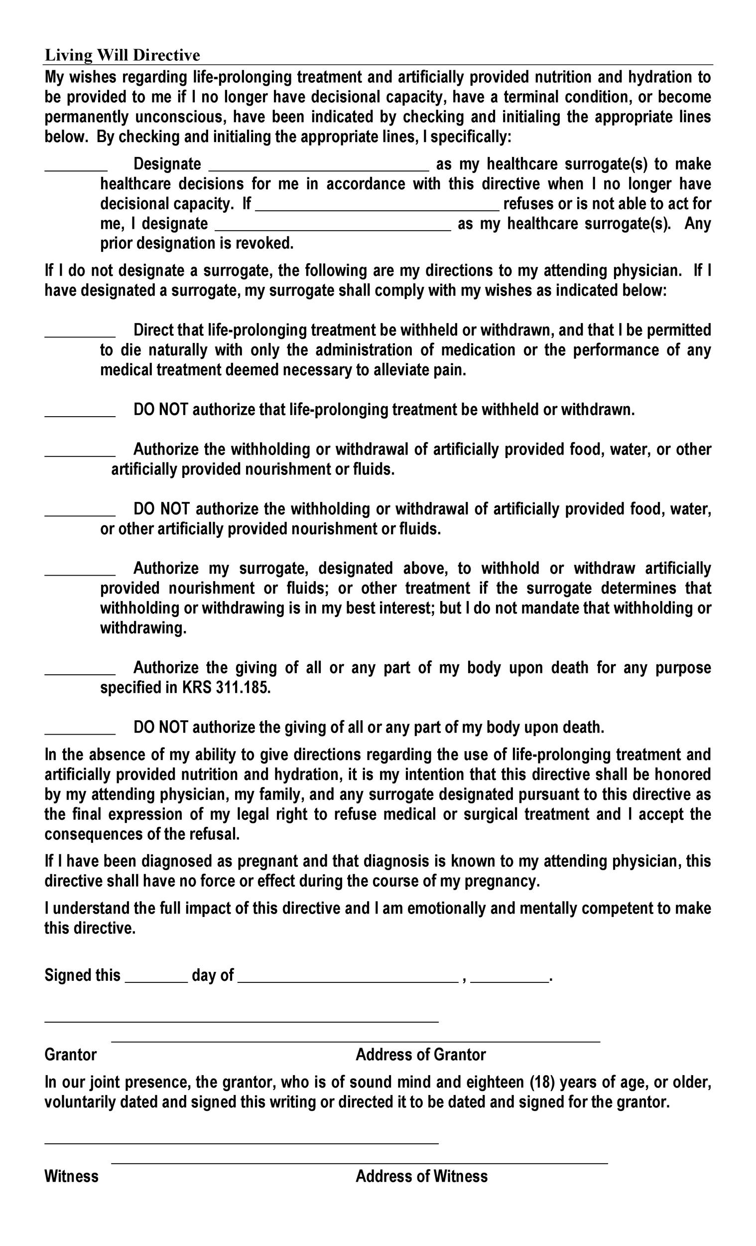 free printable living will template