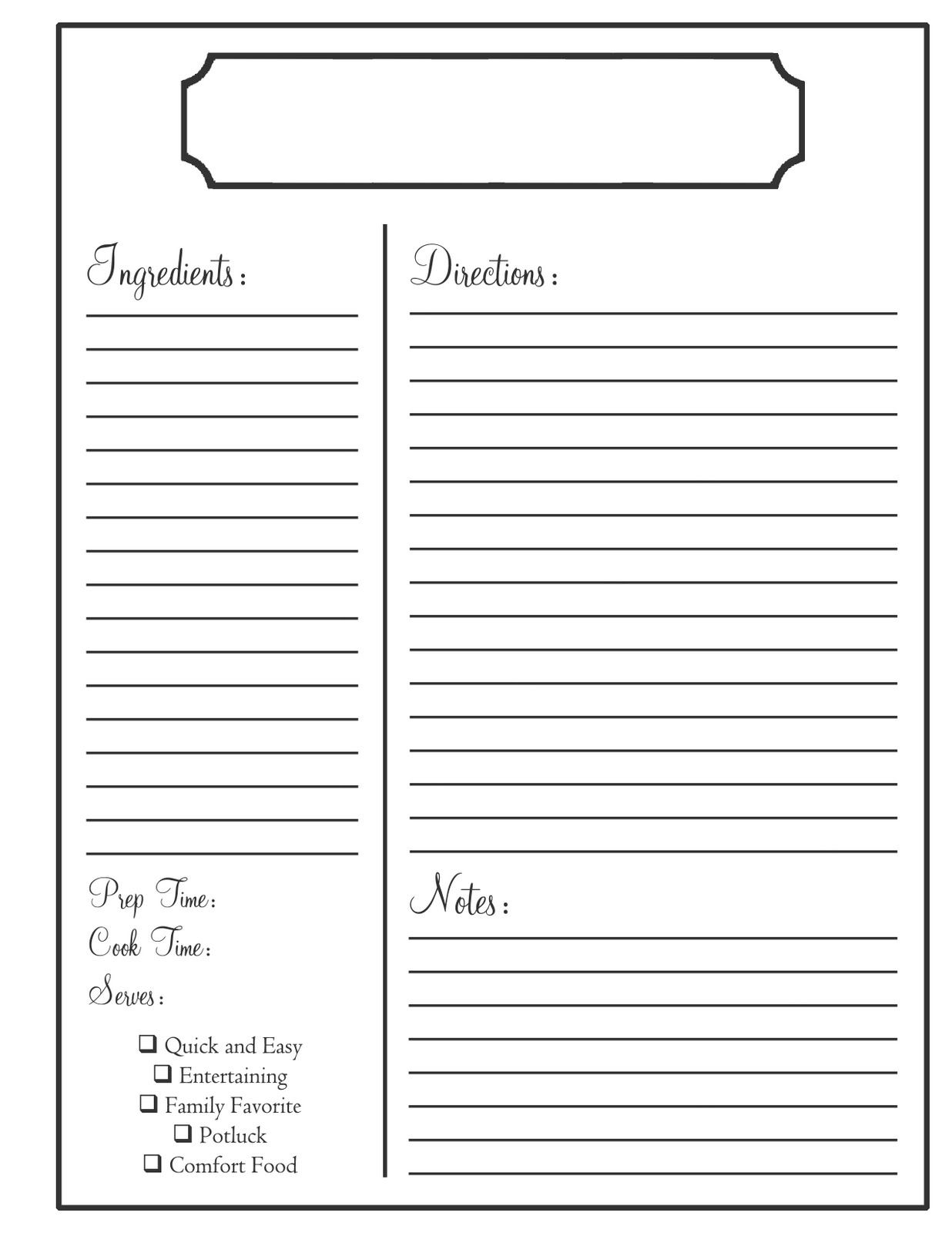 recipe paper printable