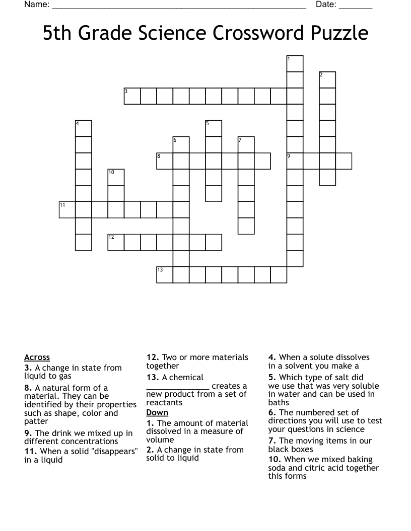 5th Grade Science Crossword Puzzle WordMint