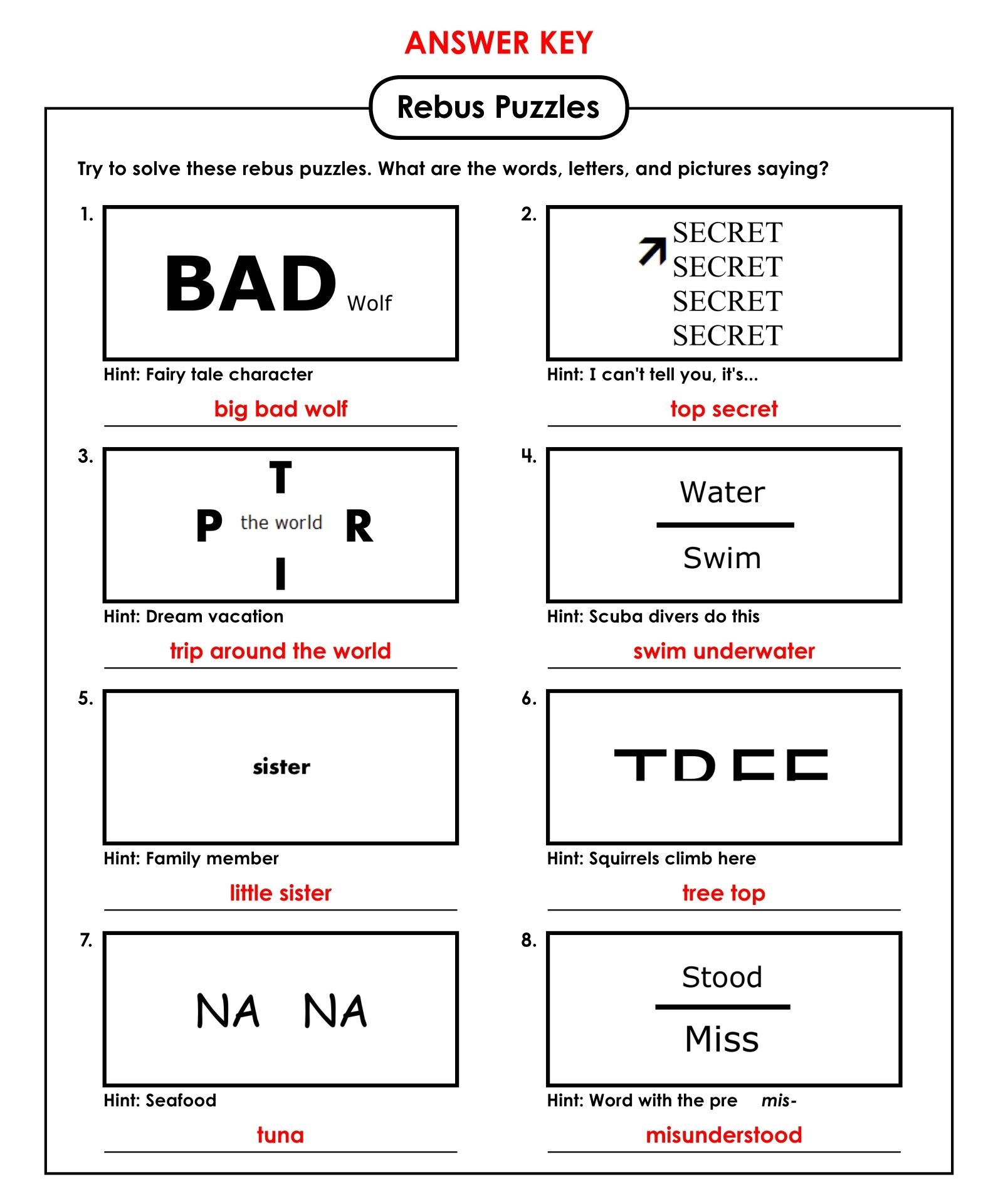 answer key rebus puzzles with answers printable