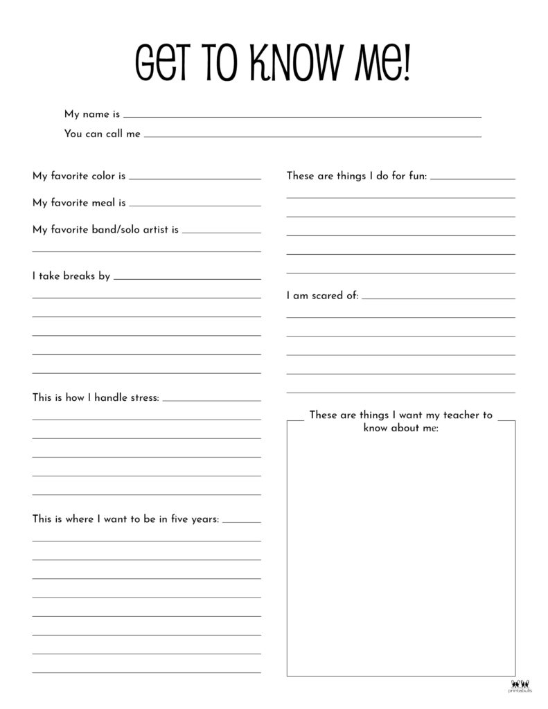 All About Me Printable Worksheets 50 FREE Printables Printabulls Worksheets Library