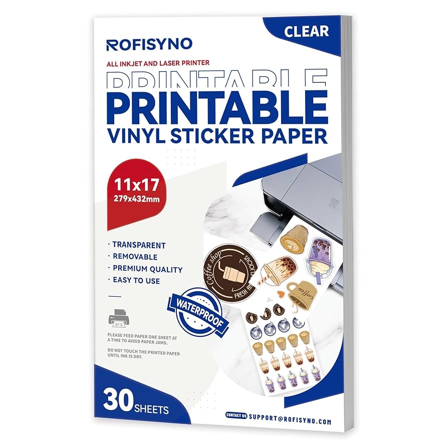 Amazon 11x17 Printable Vinyl Sticker Paper Waterproof Removable Self Adhesive Vinyl Sticker Sheets For Inkjet And Laser Printer 30 Pack Tabloid Size Milky Transparency Office Products