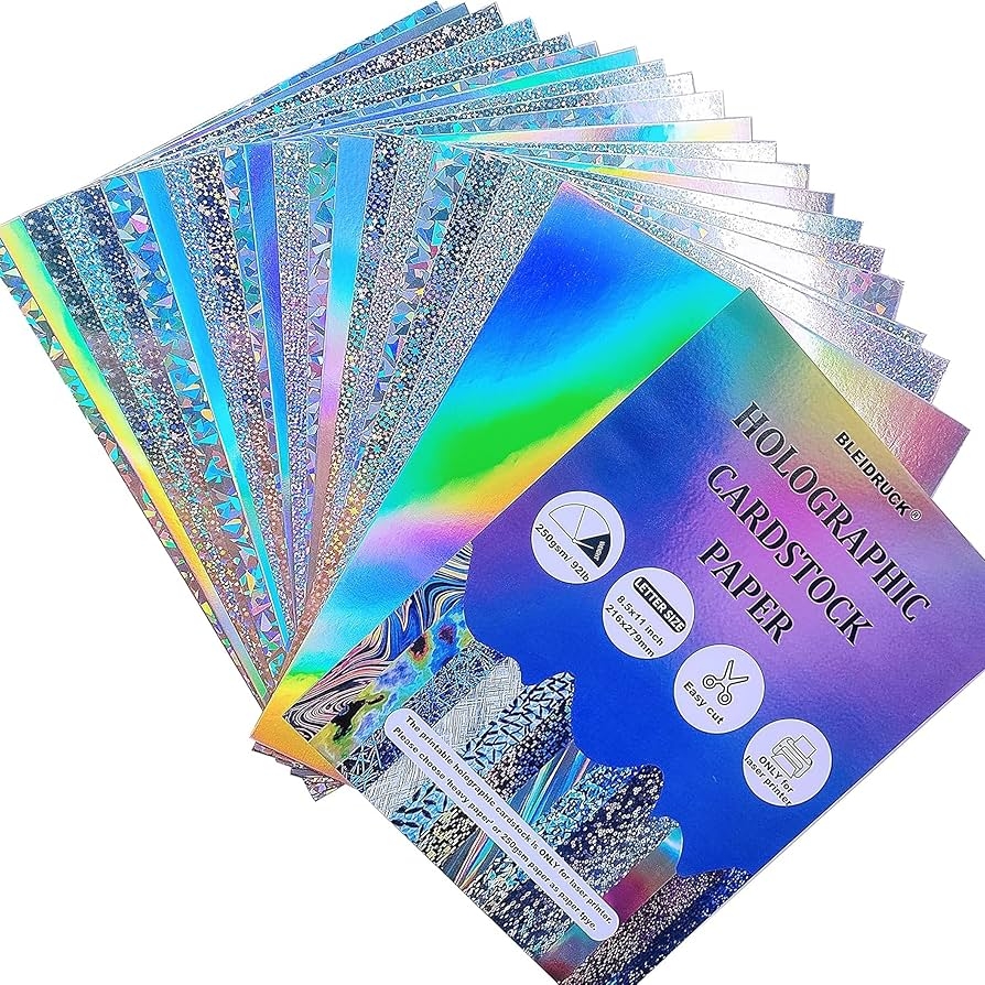Amazon 20 Sheets Holographic Cardstock Paper 250gsm 92lb 8 5 X 11 Metallic Glitter Paper 4 Mixed Styles Printable Only Compatible With Laser Printer Thick Card Stock For Crafts Scrapbook Party Decoration 