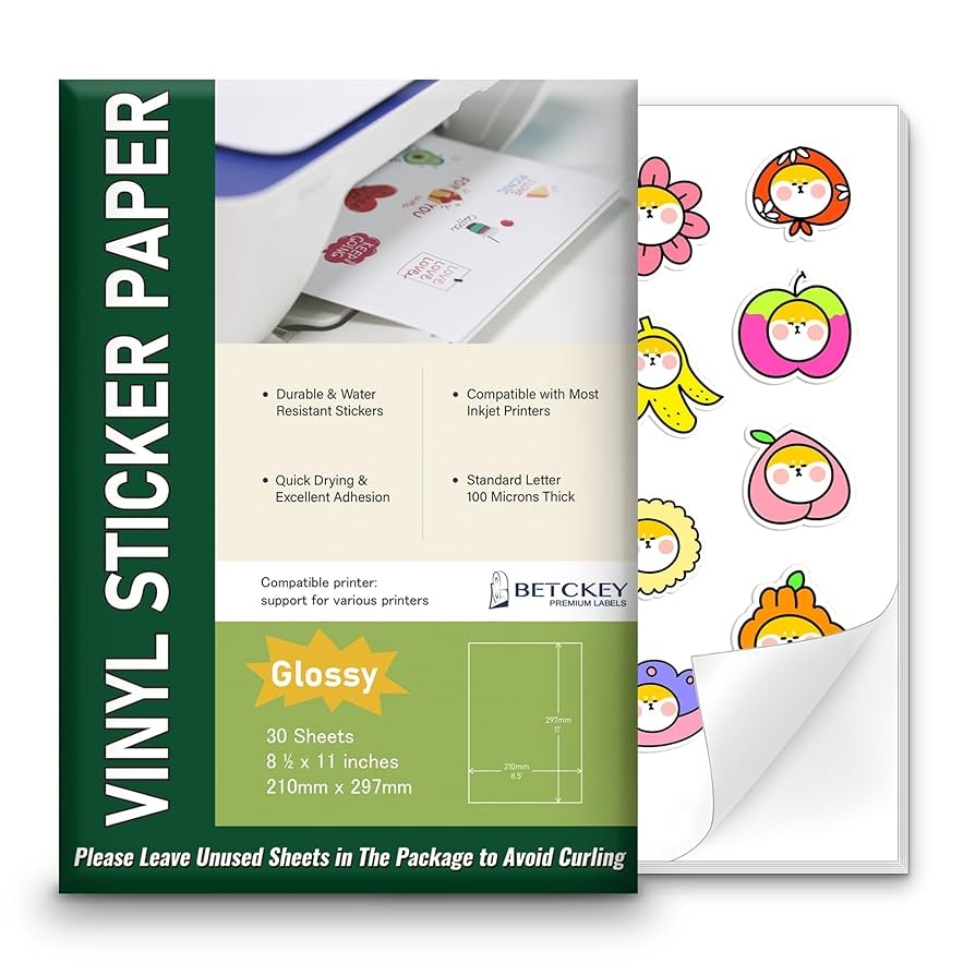 Amazon Glossy Printable Vinyl Sticker Paper For Inkjet Laser Printer 30 Sheets 8 5 X 11 Waterproof Dries Quickly Vivid Colors Office Products
