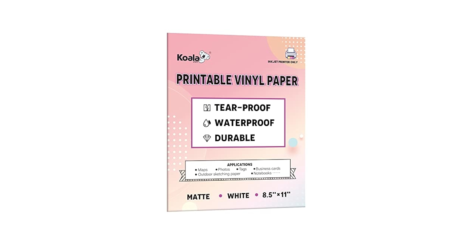 Amazon KOALA PAPER Printable Waterproof Paper For Inkjet Printer 8 5x11 In 30 Sheets Matte White Vinyl Printer Paper Non Tearable Durable Quick Drying Office Products