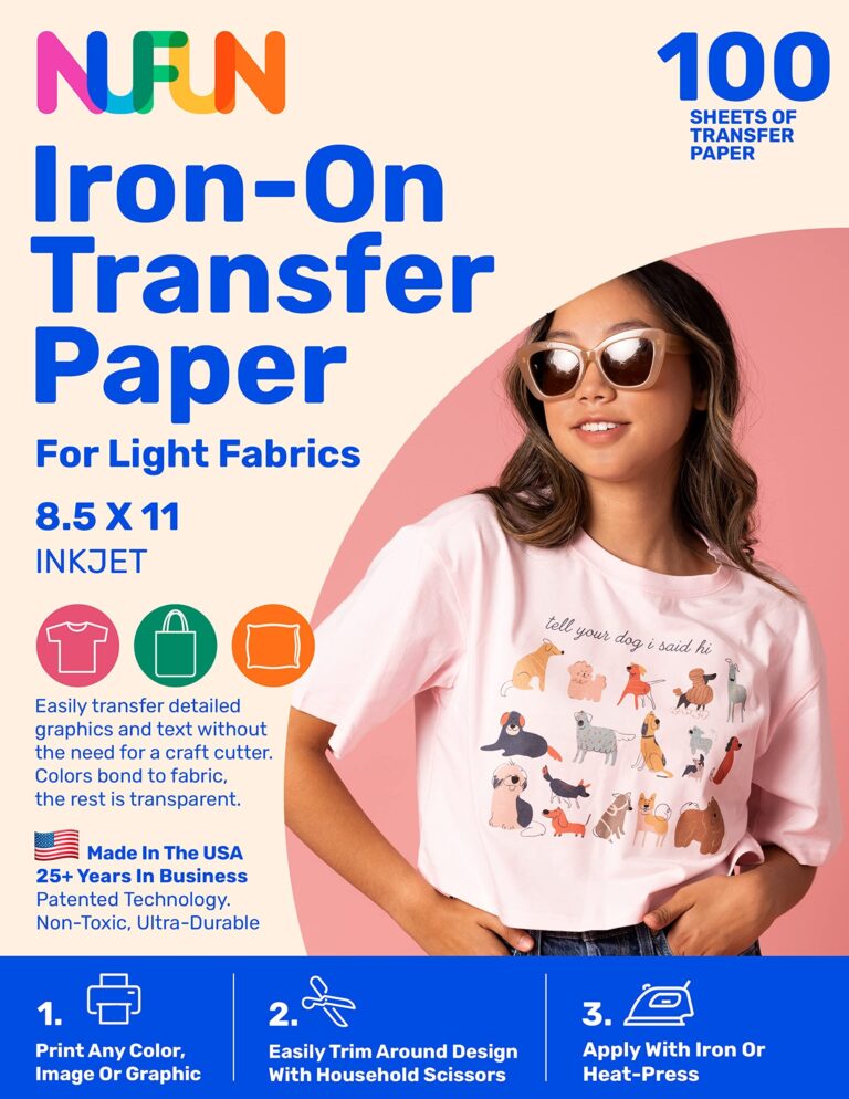 Amazon NuFun Activities Printable Iron on Heat Transfer Paper For T Shirts Light Fabrics 100 Sheets 8 5 X 11 Inch Long Lasting Durable Professional Quality Easy DIY Non Toxic Made In The USA