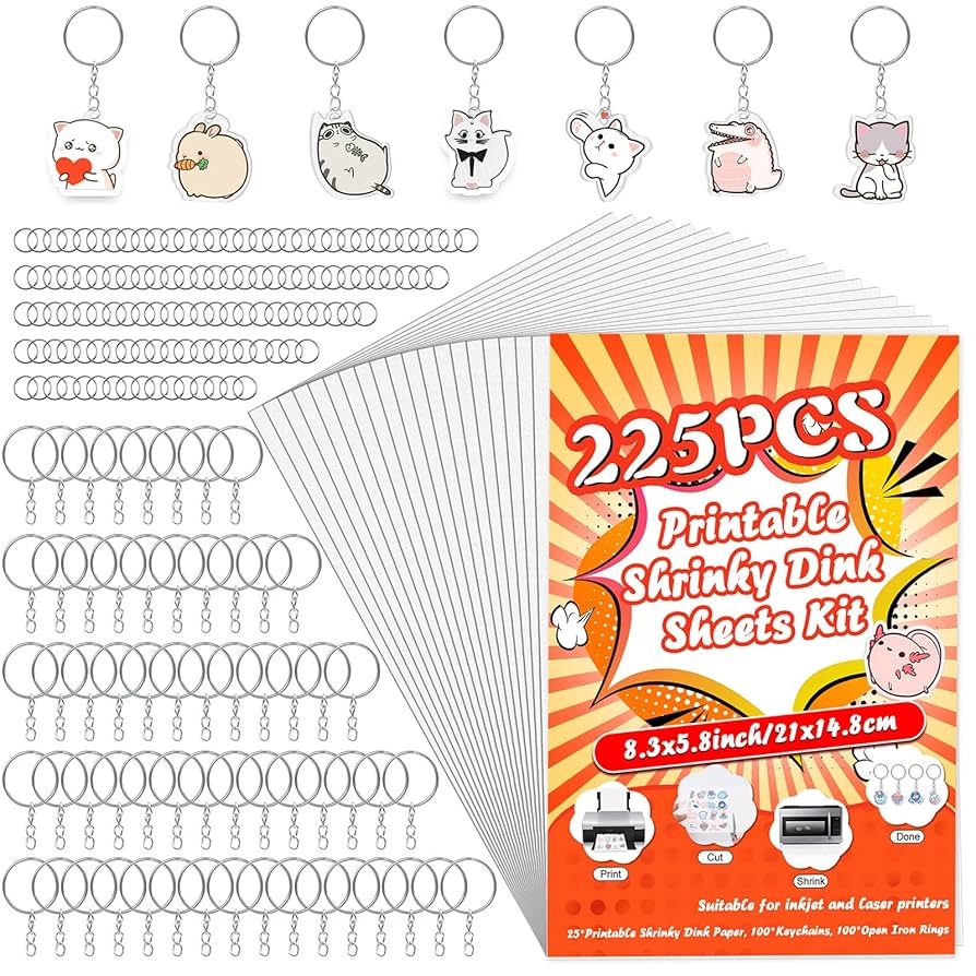 Amazon Printable Shrinky Dink Sheets 225PCS Shrinky Dink Keychain Kit With 25 Printable Shrink Plastic Sheets 100PCS Keychains Open Iron Ring For Inkjet Printer Kids DIY Crafts Gifts 8 3x5 8in 21x14 8cm Toys Games