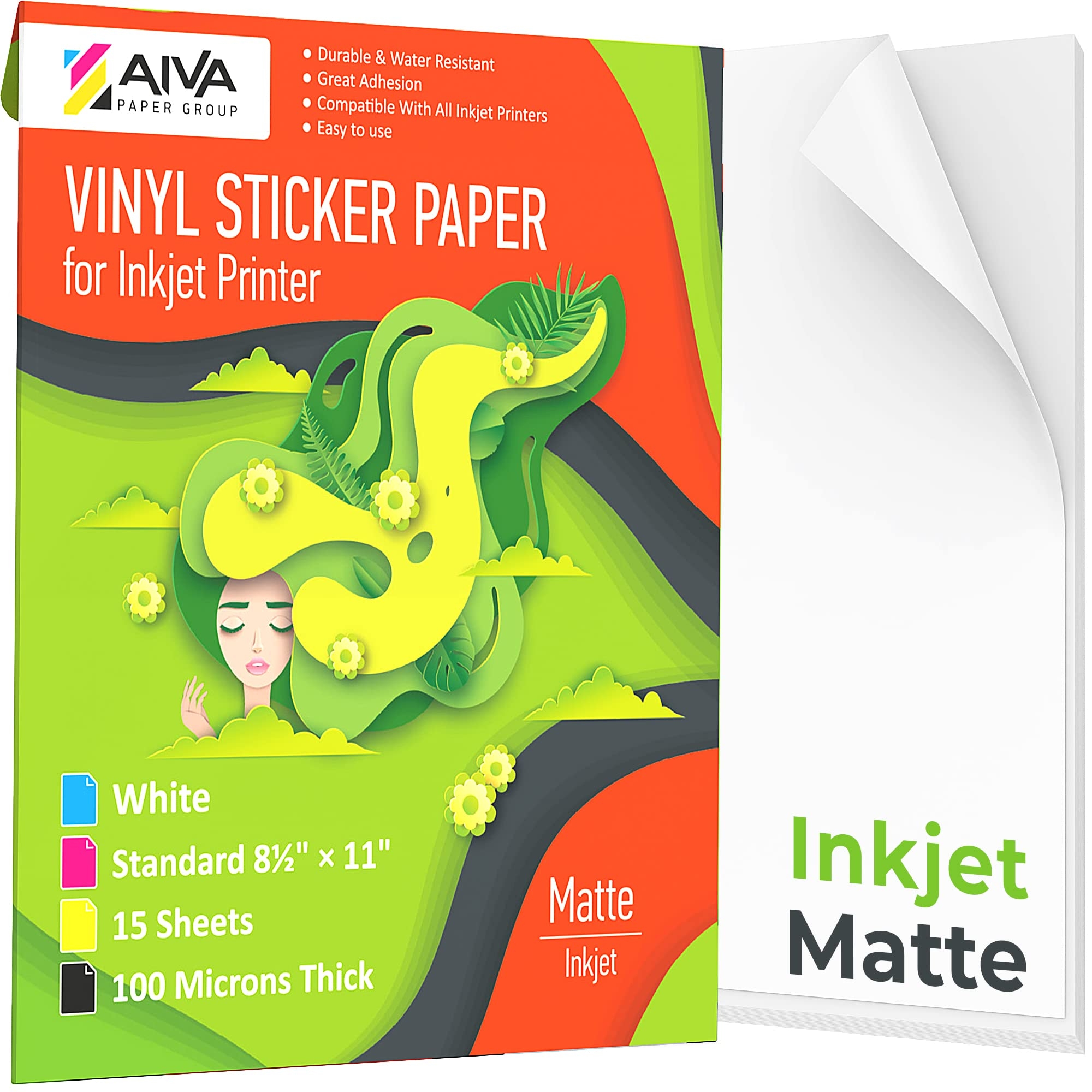 Amazon Printable Vinyl Sticker Paper For Inkjet Printer Matte White 15 Self Adhesive Sheets Waterproof Decal Paper Standard Letter Size 8 5 x11 Office Products