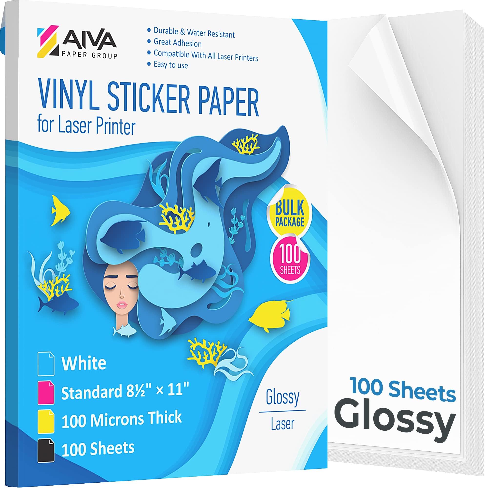 Amazon Printable Vinyl Sticker Paper For Laser Printer Glossy White 100 Self Adhesive Sheets Waterproof Decal Paper Standard Letter Size 8 5 x11 Office Products