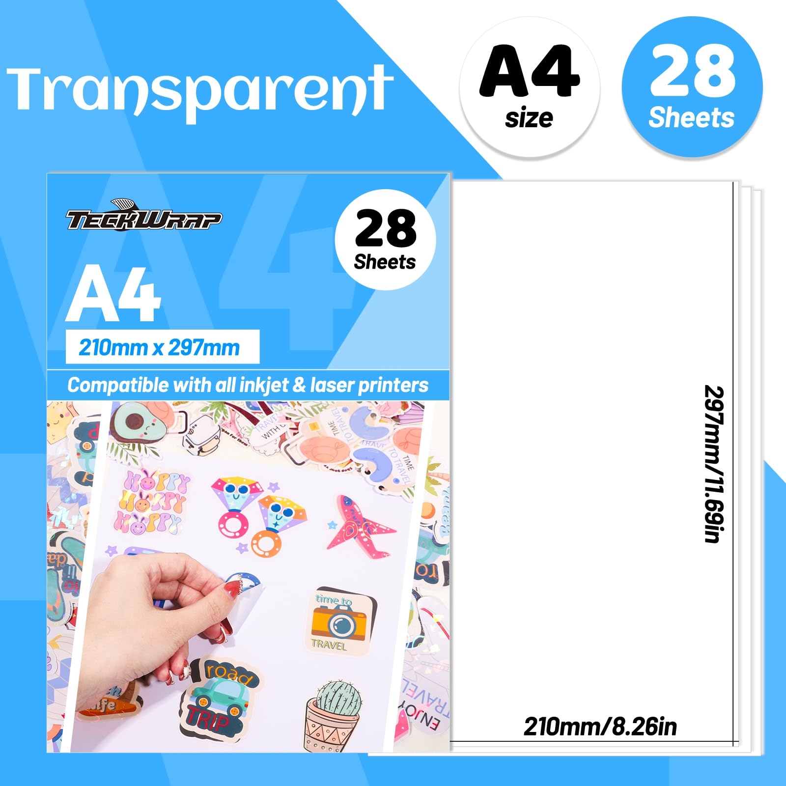 Amazon TECKWRAP Clear Printable Vinyl Sticker Paper For Inkjet Printer Clear Contact Paper Laminating Sheets 8 26 X 11 69 A4 Printer Paper For Decal Stickers Waterproof Sticker Labels 28 Sheets Office Products