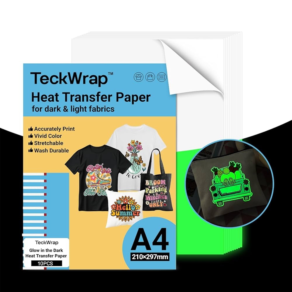 Amazon TECKWRAP Printable Heat Transfer Paper For T Shirts 10 Sheets 8 3 X 11 7 Printable Heat Transfer Vinyl For Inkjet Printer Iron On Transfer Paper For Light And Dark Fabric Glow In