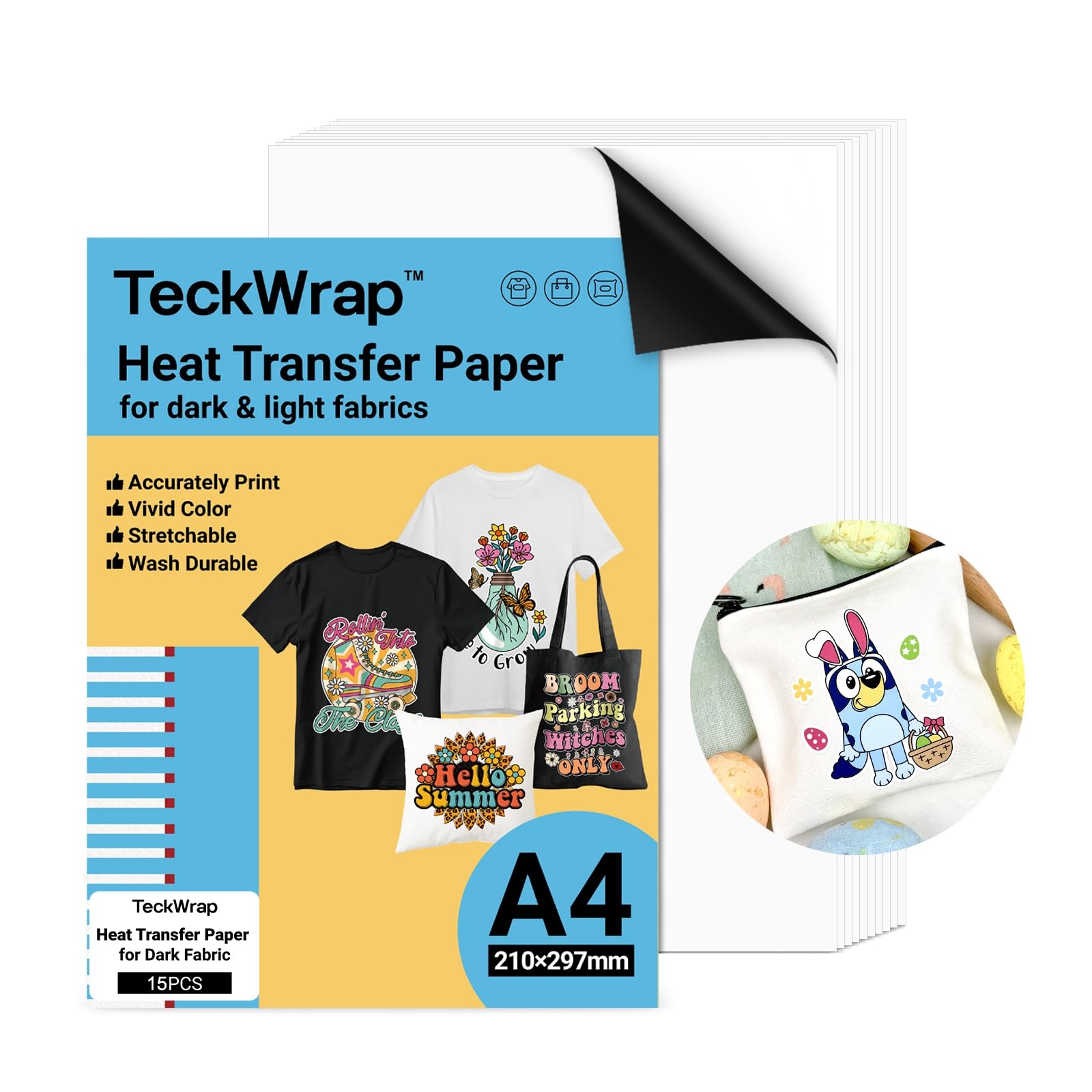 Amazon TECKWRAP Printable Heat Transfer Paper For T Shirts 15 Sheets 8 3 X 11 7 Printable Heat Transfer Vinyl For Inkjet Printer Iron On Transfer Paper For Light And Dark Fabric Matte White 