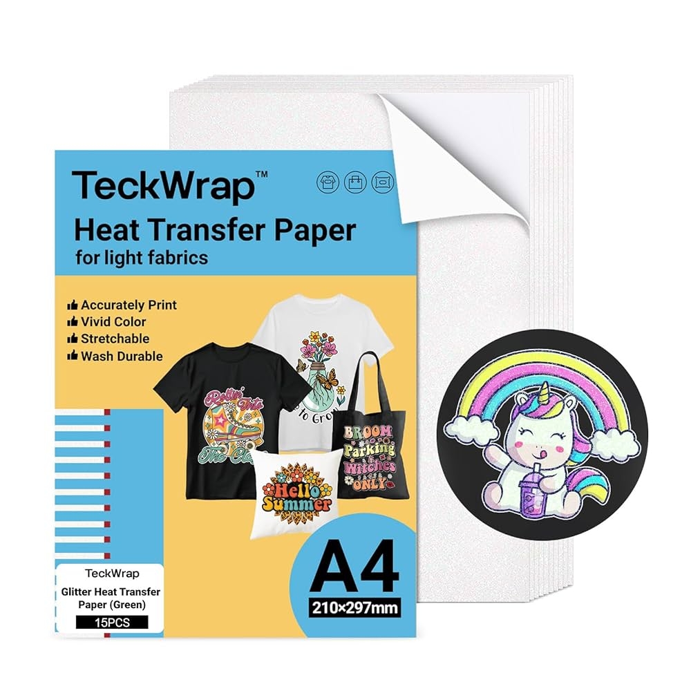 Amazon TECKWRAP Printable Heat Transfer Paper For T Shirts 15 Sheets 8 3 X 11 7 Printable Heat Transfer Vinyl For Inkjet Printer Iron On Transfer Paper For Light Fabric Glitter Green Office
