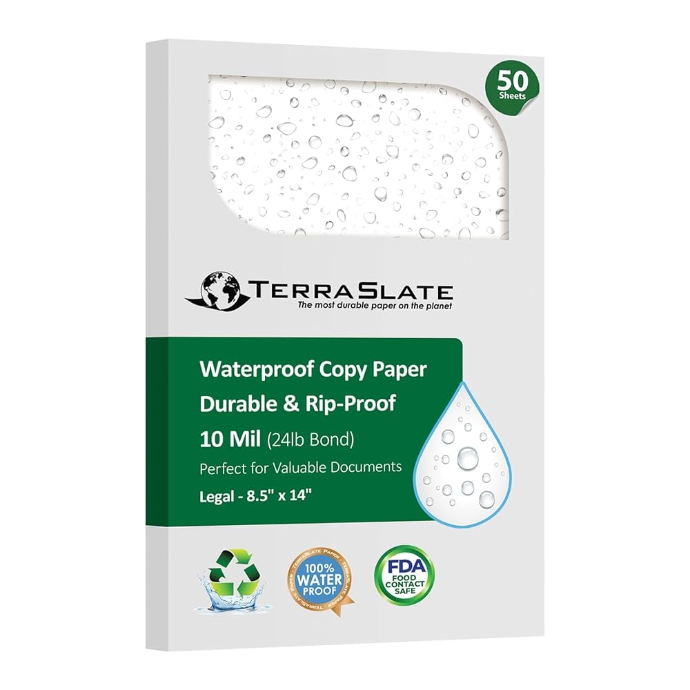 Amazon TerraSlate Printable Waterproof Paper For Laser Printer 10 MIL 8 5 X 14 50 Sheets Matte White Printer Paper Rip Resistant Weather Rain Proof Copy Paper Office Products