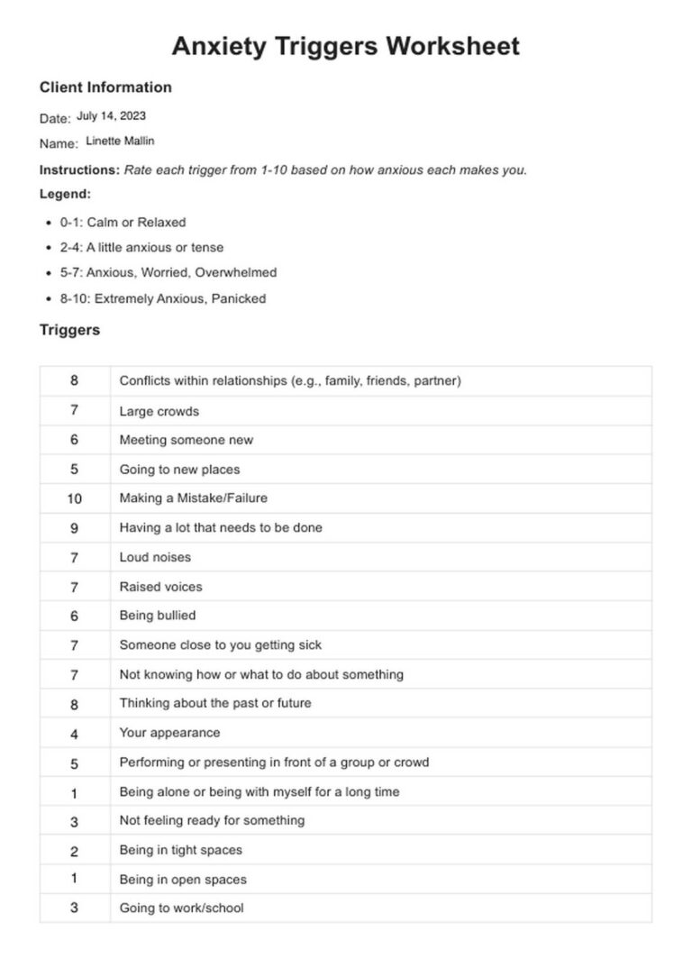 Anxiety Triggers Worksheet Example Free PDF Download