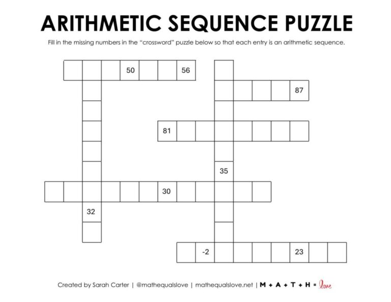 Arithmetic Sequence Puzzle Worksheet Free Printable PDF