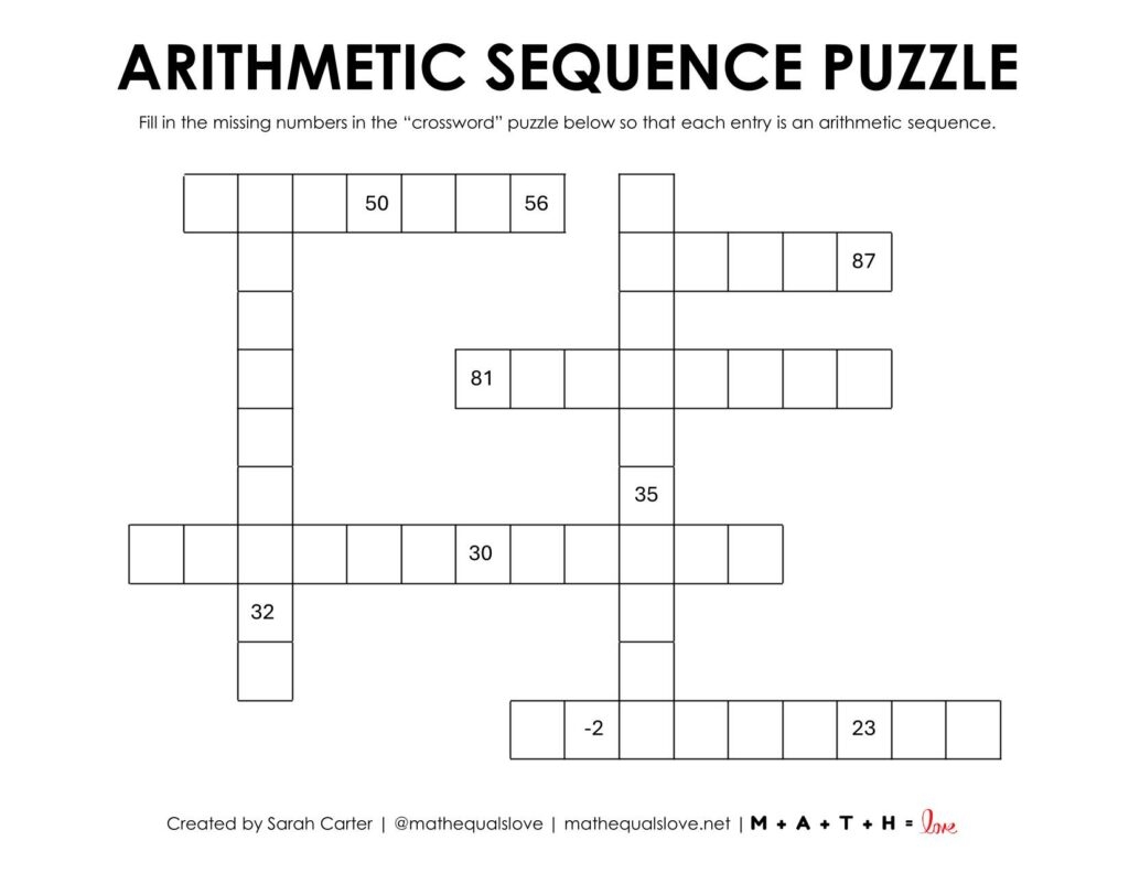 Arithmetic Sequence Puzzle Worksheet Free Printable PDF 