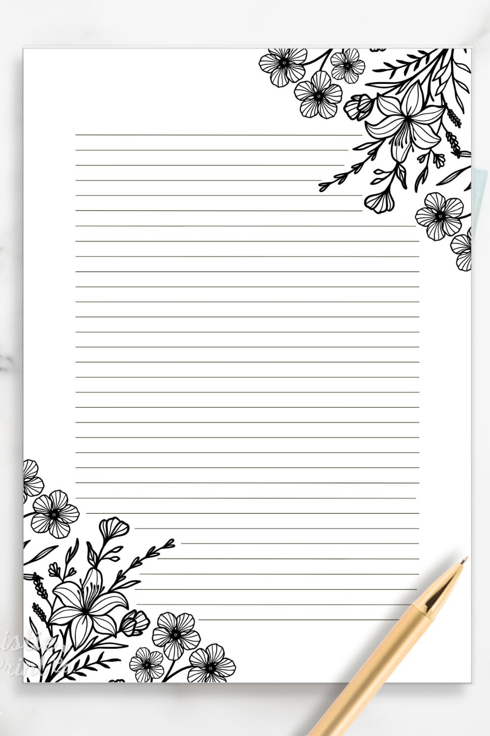 Black And White Floral Lined Paper Printable Stationery Paper Journal Paper Digital Download Stationary Paper Minimalist Penpal Letter Etsy