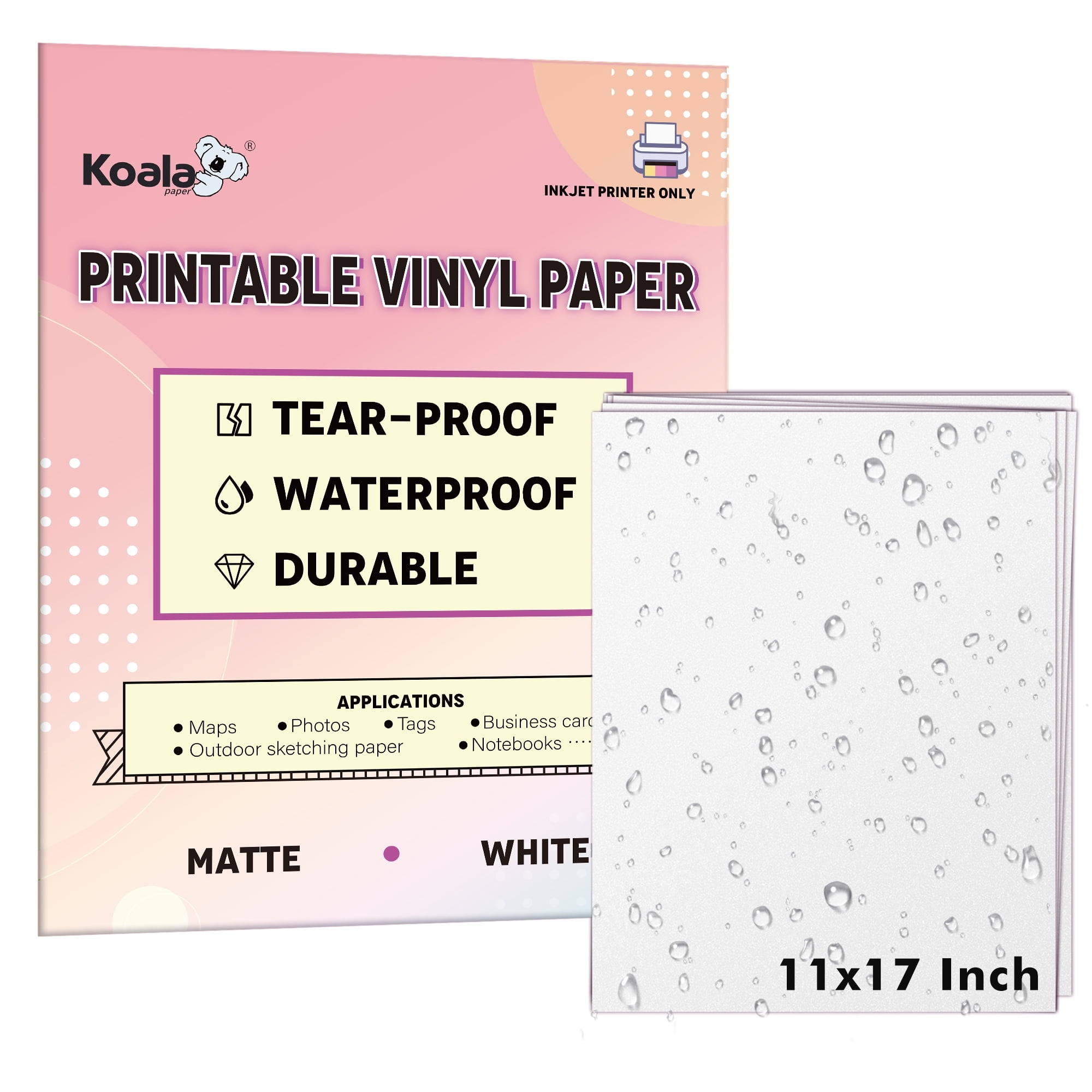 Bulk Koala Inkjet Waterproof Paper 11x17 150 Sheets Matte White Printable Vinyl Printer Synthetic Paper Quick Drying Non Tearable Multipurpose Paper Walmart