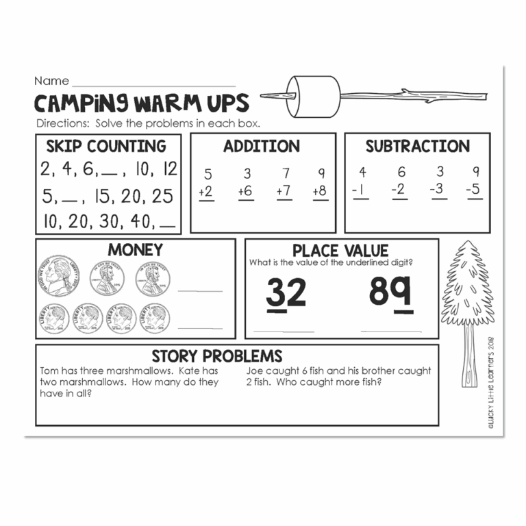Camp Read A Lot Math Warm Ups 1st Grade Lucky Little Learners