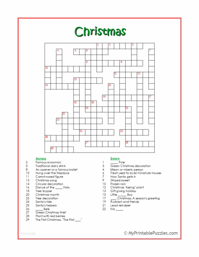 Christmas Crossword Puzzle Advanced My Printable Puzzles