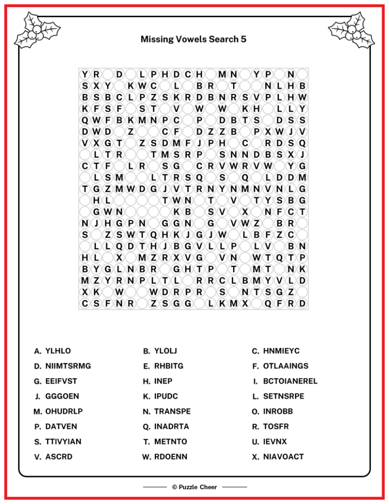Christmas Missing Vowels Word Search 5 From The Christmas Puzzle Book Puzzle Cheer