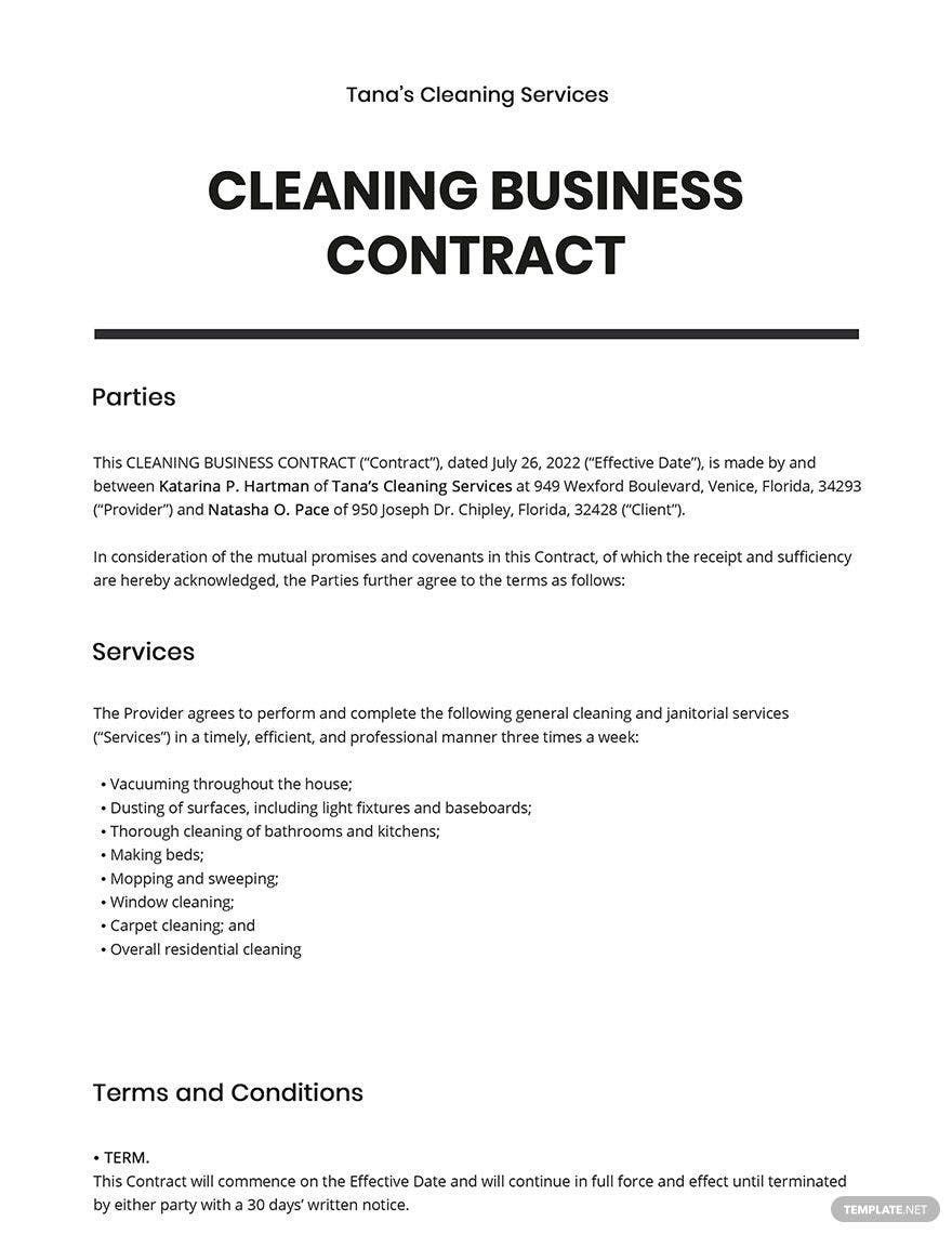 printable cleaning contract template