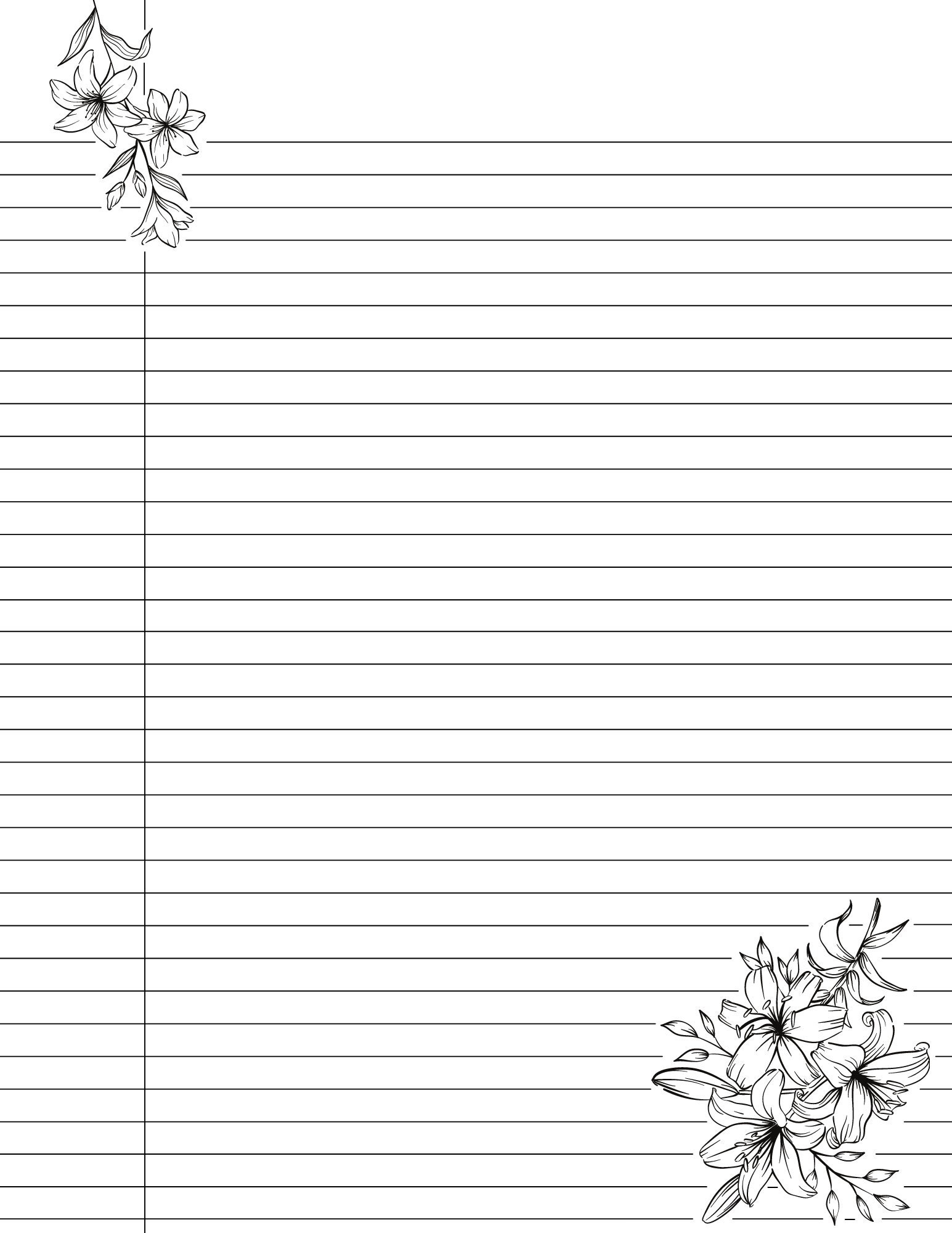 Cute Printable College Ruled Lined Notebook Paper With Margins Floral Lily Flower Design Double Sided Black White Easy Download Etsy
