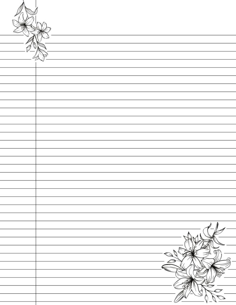Cute Printable College Ruled Lined Notebook Paper With Margins Floral Lily Flower Design Double Sided Black White Easy Download Etsy