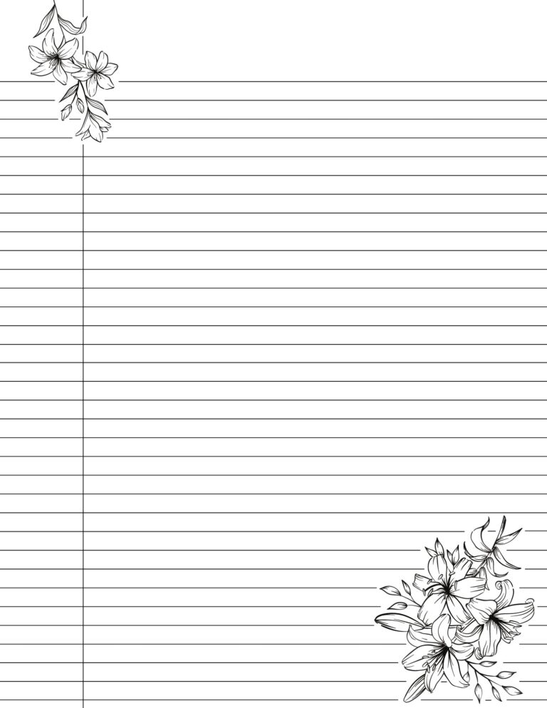 Cute Printable College Ruled Lined Notebook Paper With Margins Floral Lily Flower Design Double Sided Black White Easy Download Etsy