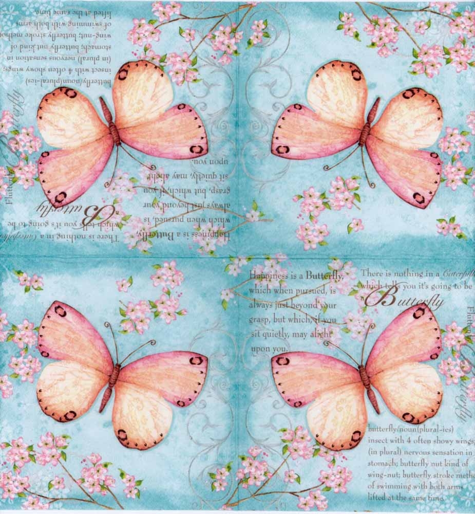 Decorative Paper Napkins Of Pink Butterfly With Poetry In The Light Blue Pink Butterfly Decoupage Napkins