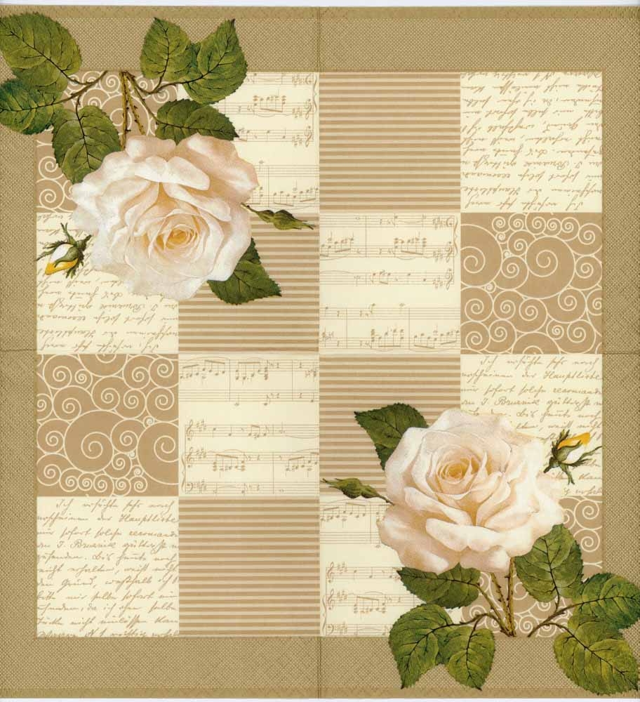 Decoupage Paper Napkin Of White Rose And Music