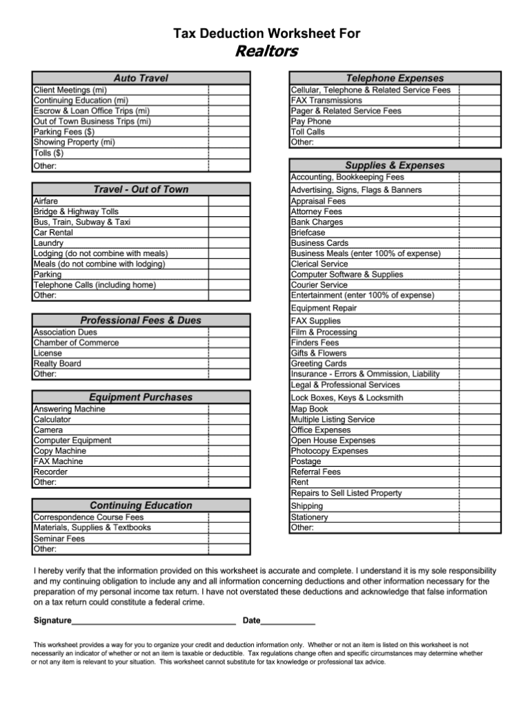 Deductions Worksheet Fill Out Sign Online DocHub