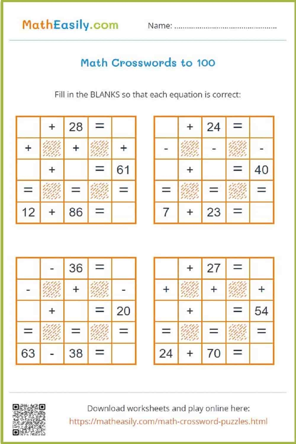 Easy Math Crossword Puzzles Addition And Subtraction