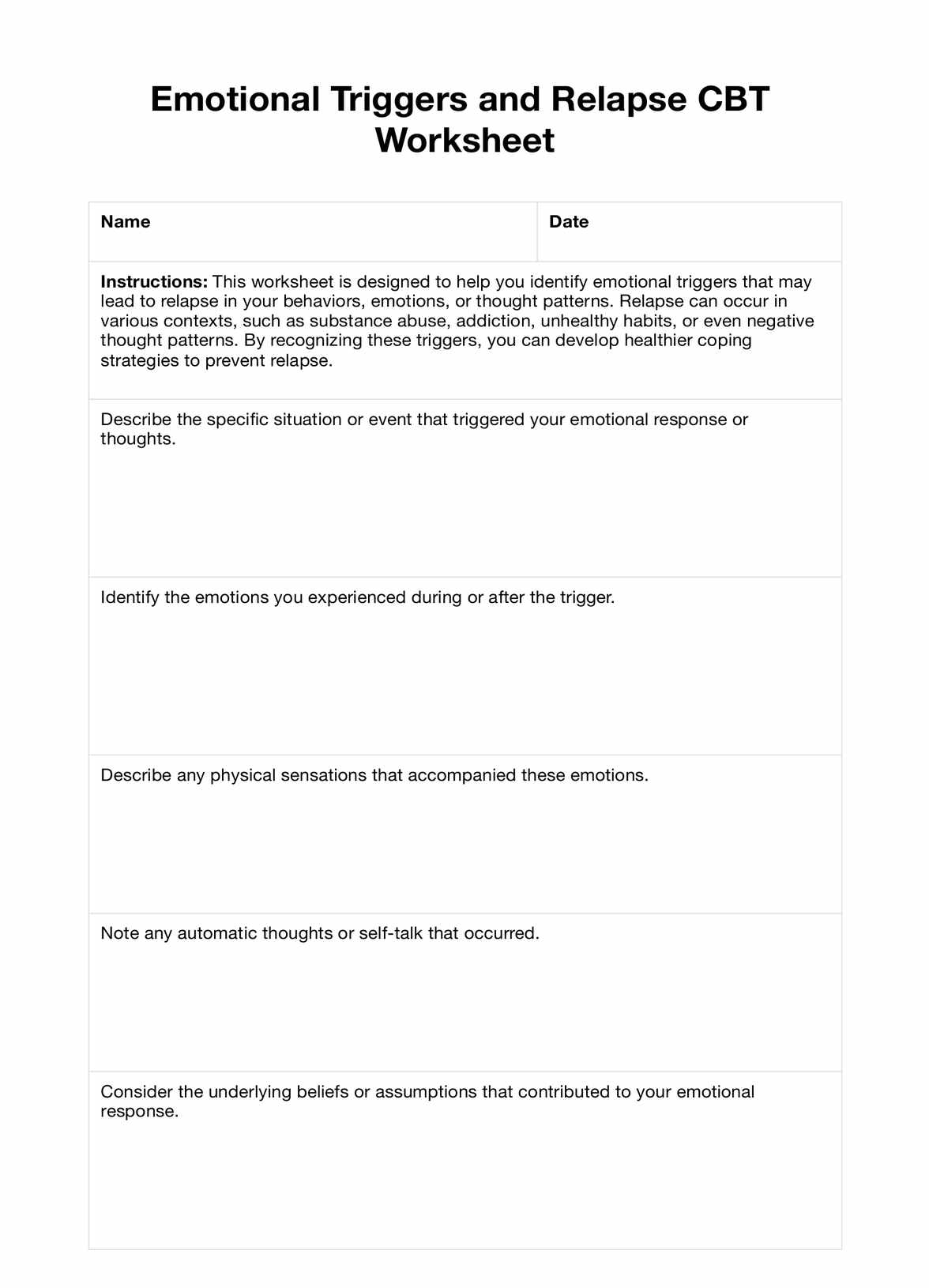 Emotional Triggers And Relapse CBT Worksheet Example Free PDF Download