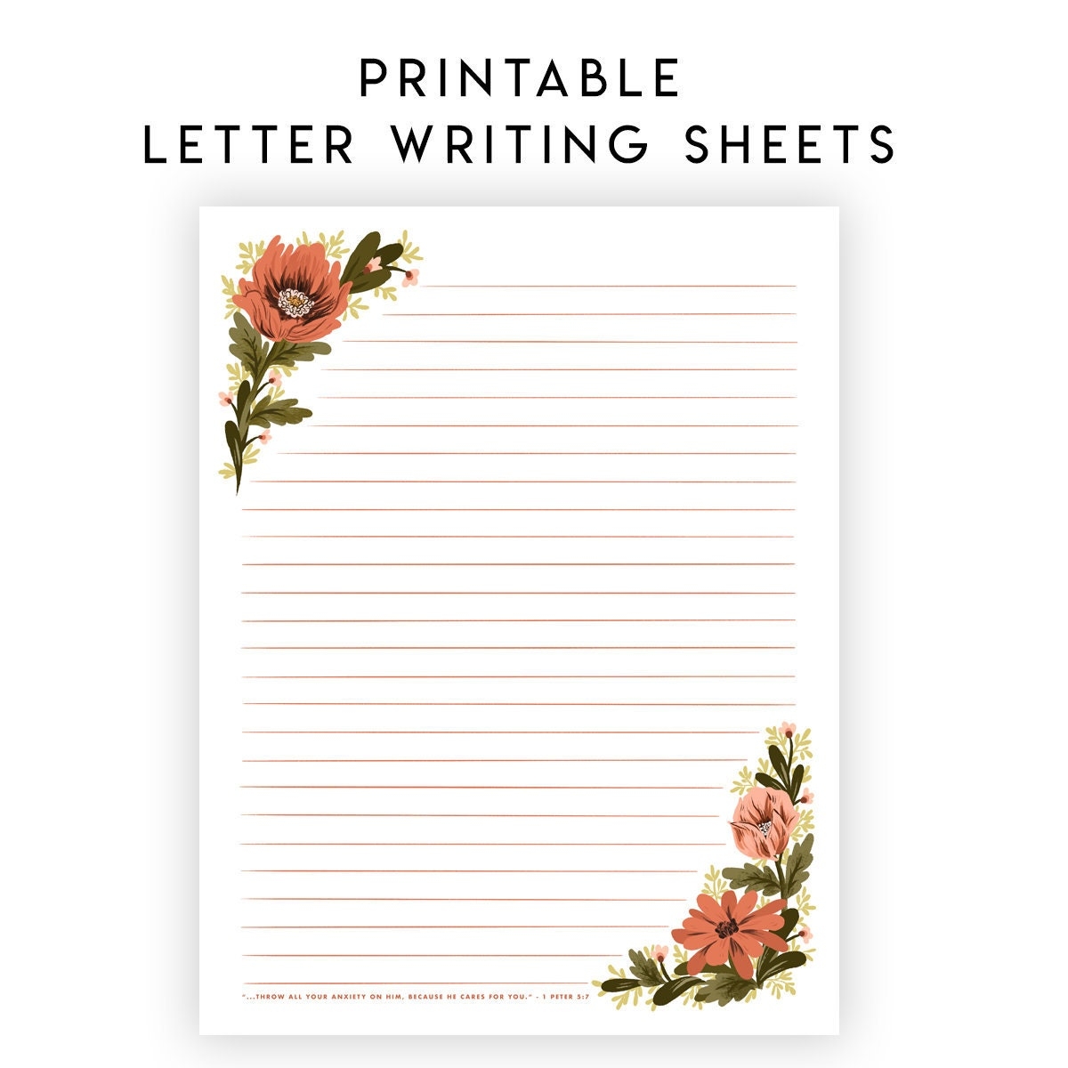 ENGLISH Printable Letter Writing Sheets Throw All Your Anxiety On Him Because He Cares For You 1 Peter 5 7 Ministry Personal Letters Etsy