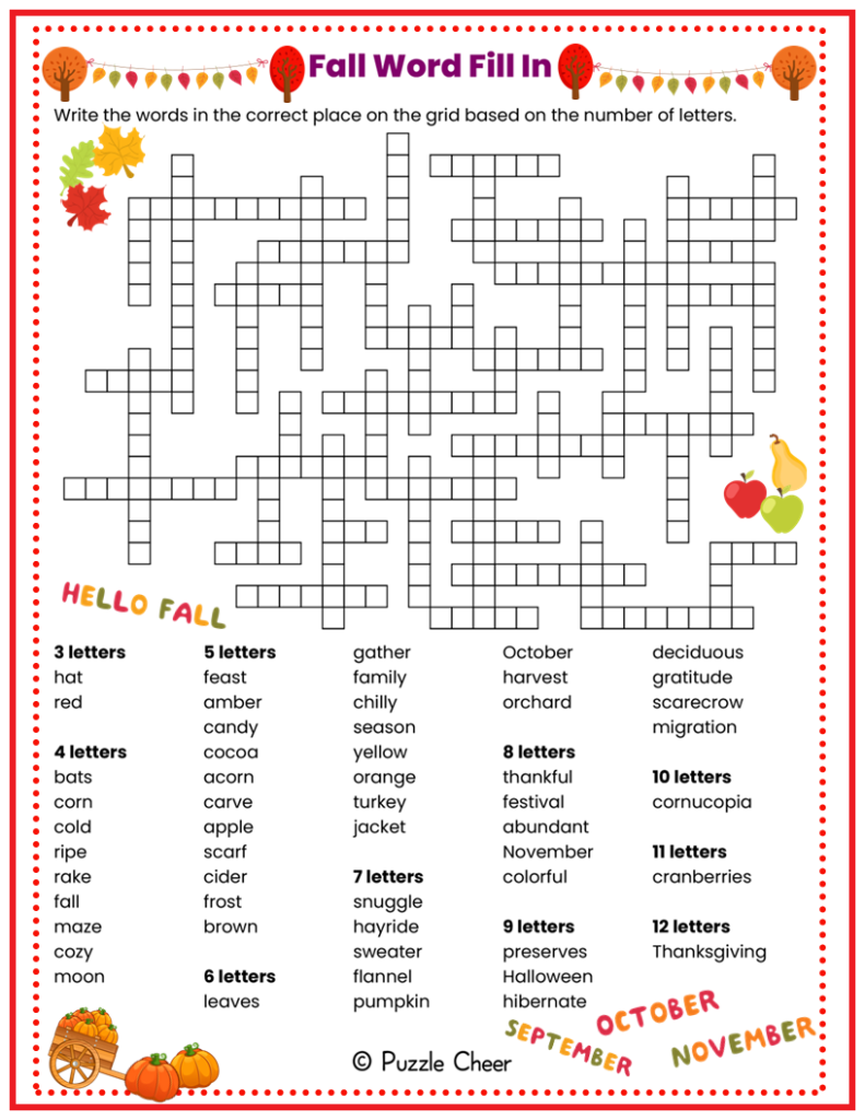 Fall Word Fill In Puzzle Puzzle Cheer