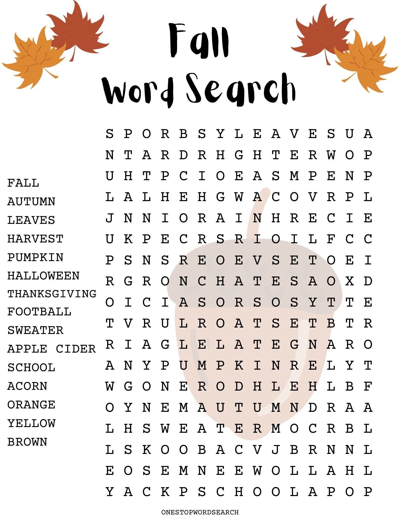 fall word search puzzles printable