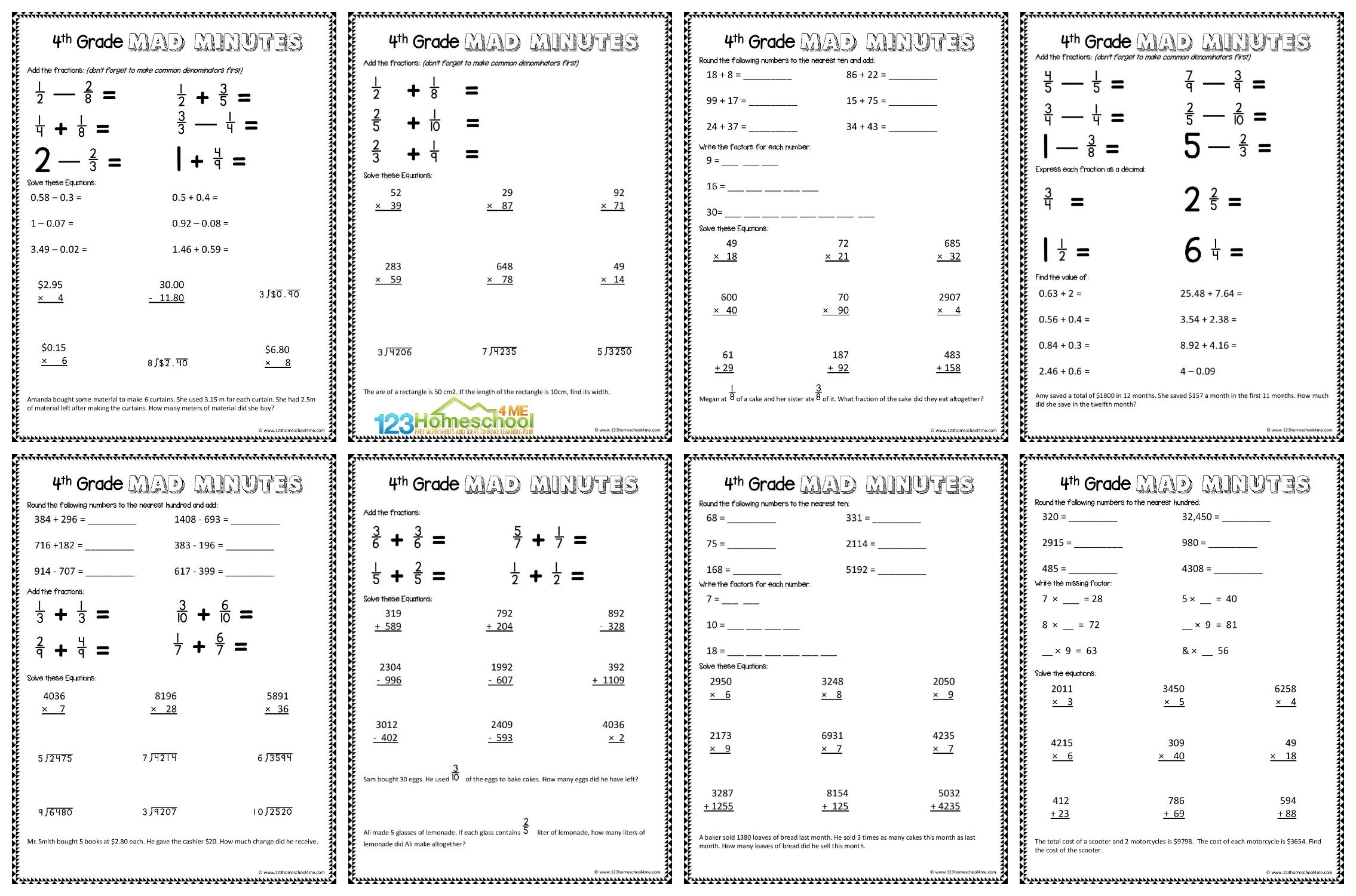 4th grade math worksheets printable