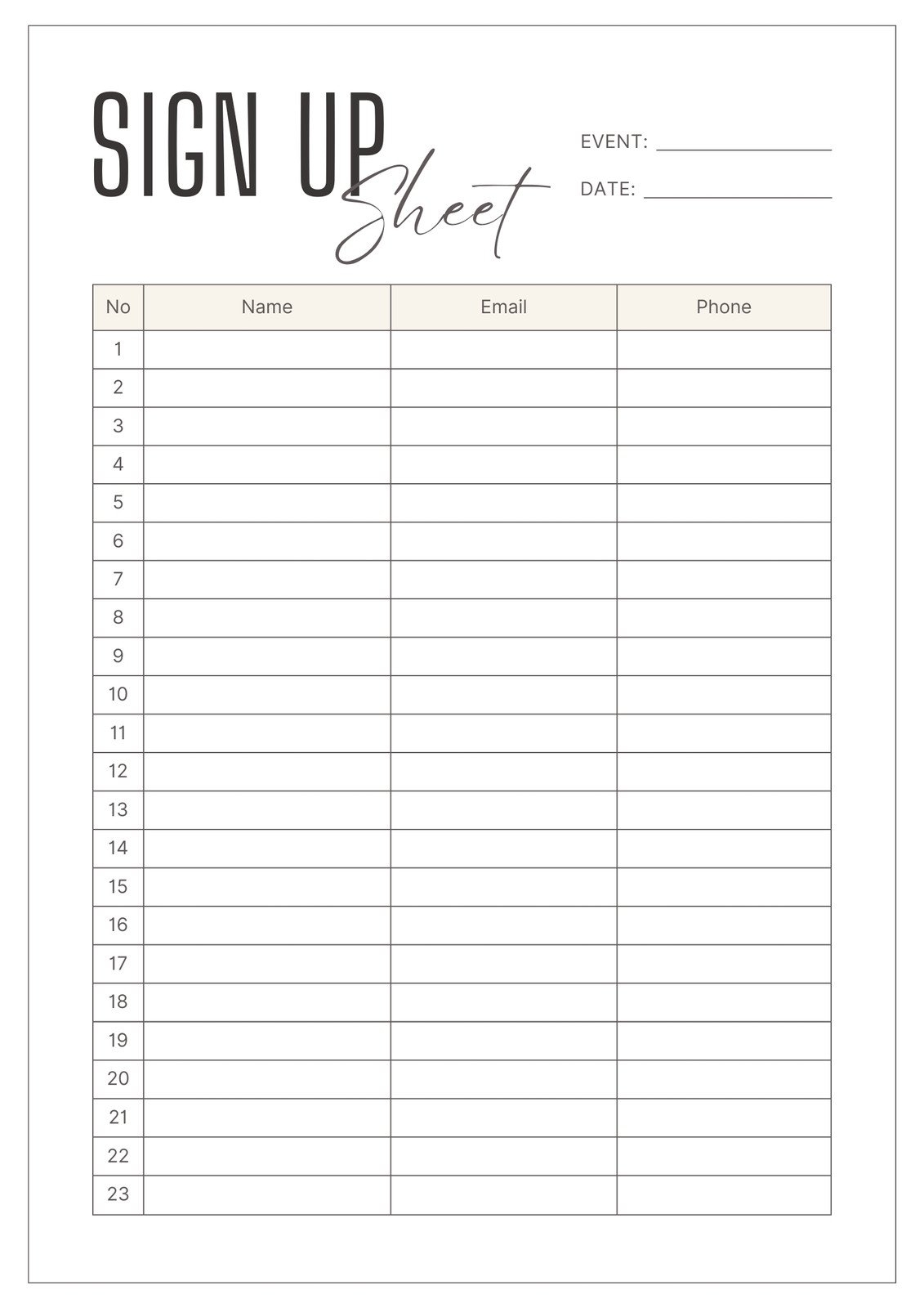 printable sign up sheet template
