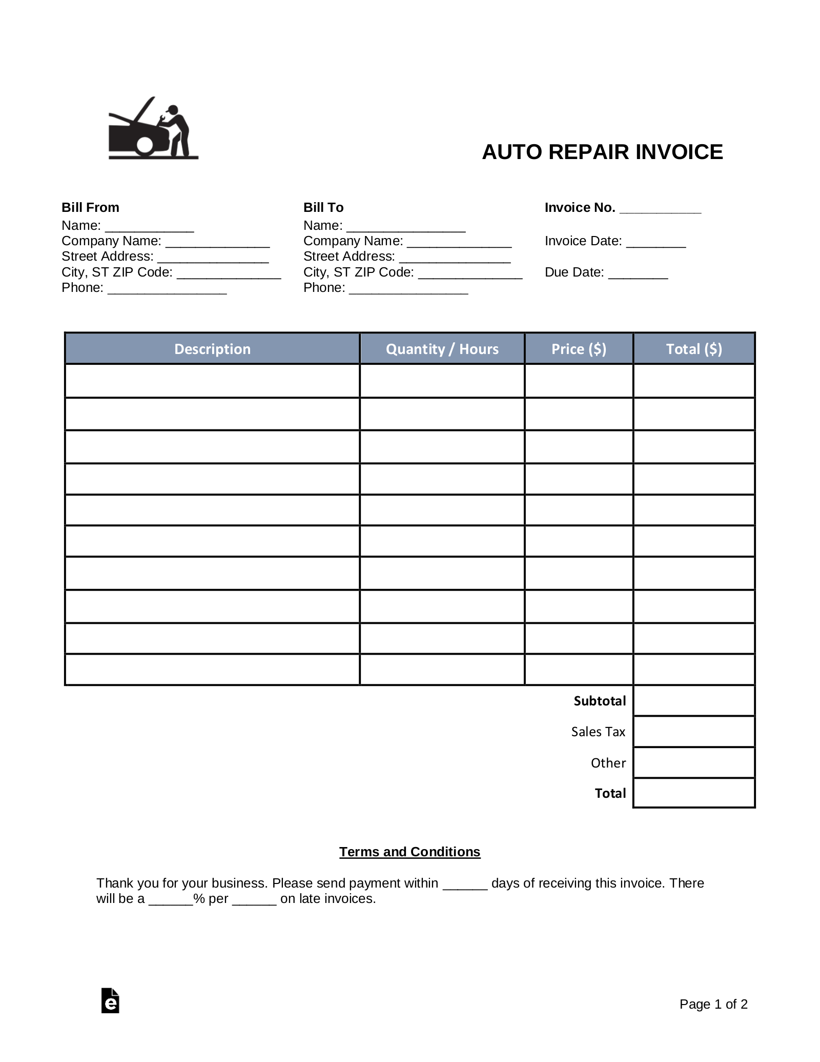 Free Auto Body Mechanic Invoice Template PDF Word EForms Free Auto Body Mechanic Invoice Template PDF Word EForms