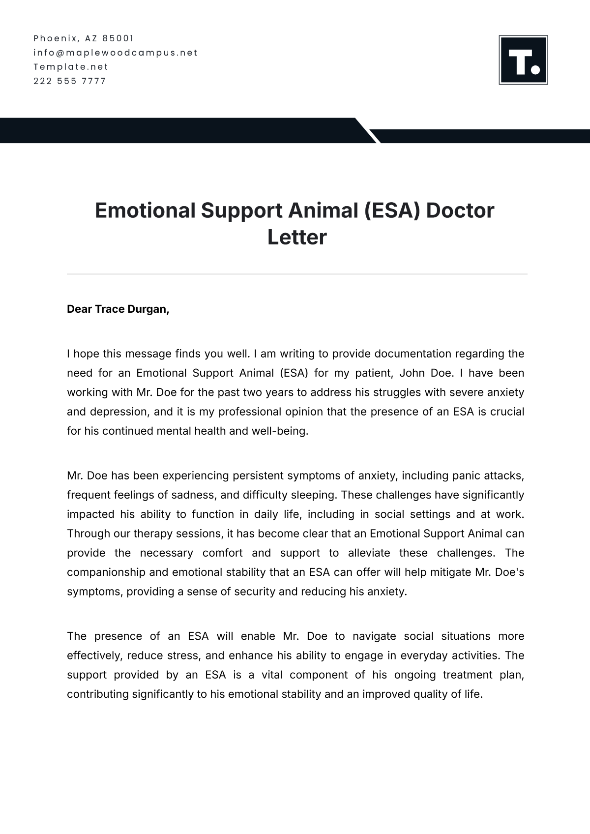 Free Emotional Support Animal ESA Doctor Letter Template To Edit Online
