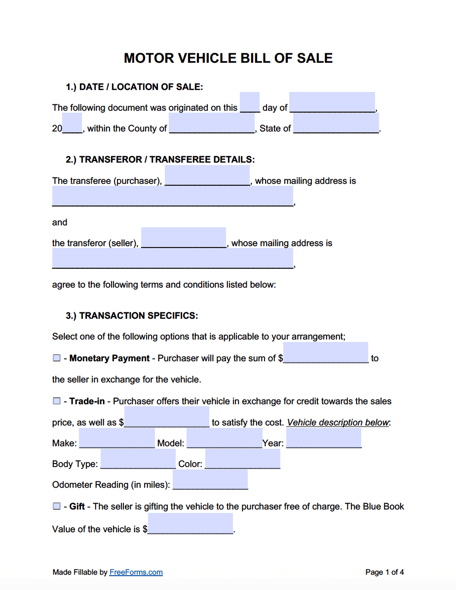 printable car bill of sale template